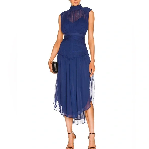 knee length dresses for ladies Aegea Blue Floral Maxi Dress With Ruffle Neckline and Fringe Hem – Couper main image 0
